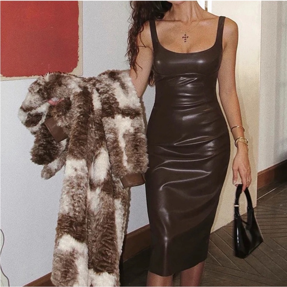 Commense Dark Brown Leather Midi Dress